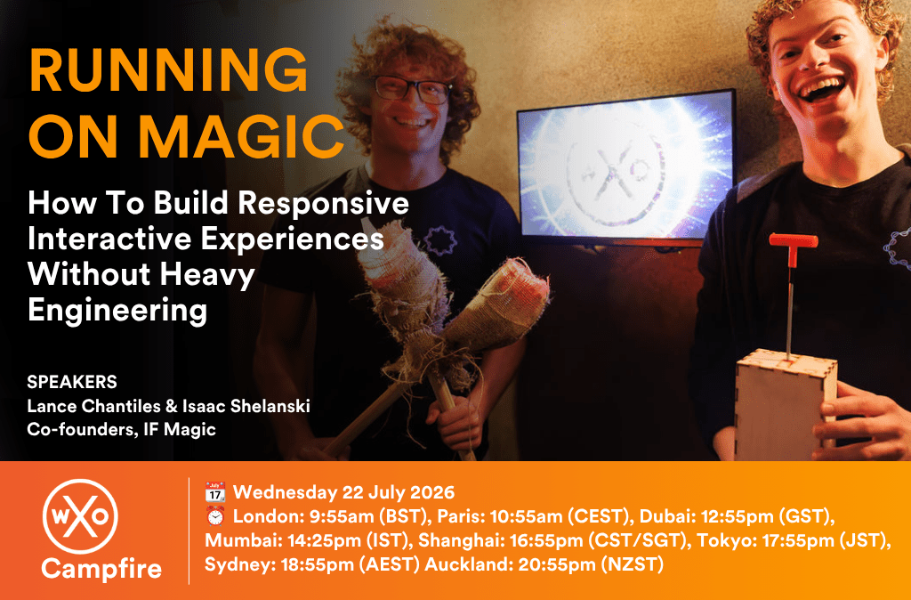 Lance Chantiles and Isaac Shelanski of IF Magic presenting responsive technology for interactive experiences at a WXO Campfire.